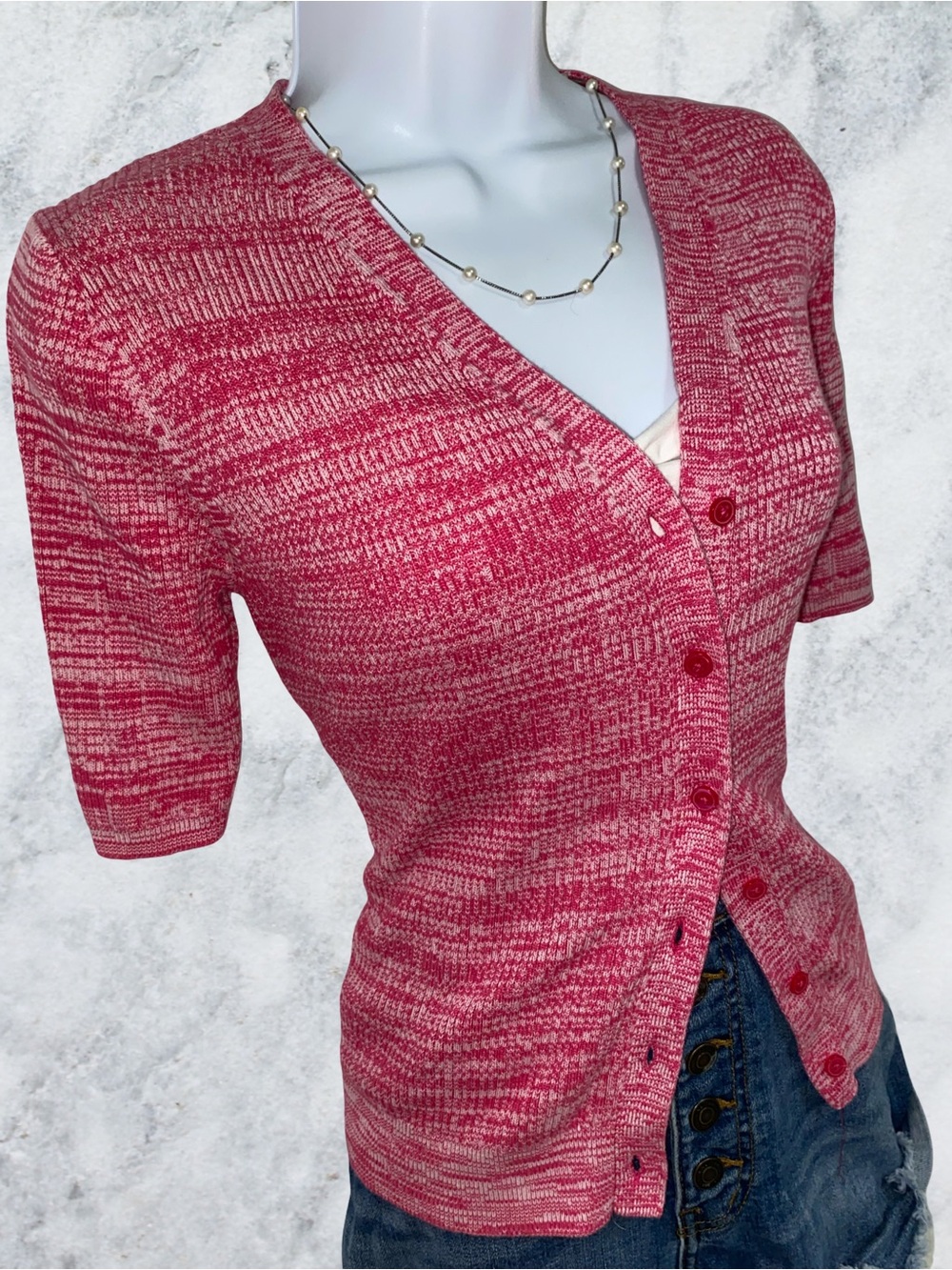 LOFT Pink Marled Button-Front Short Sleeve Cardigan, Hot Pink White, Small